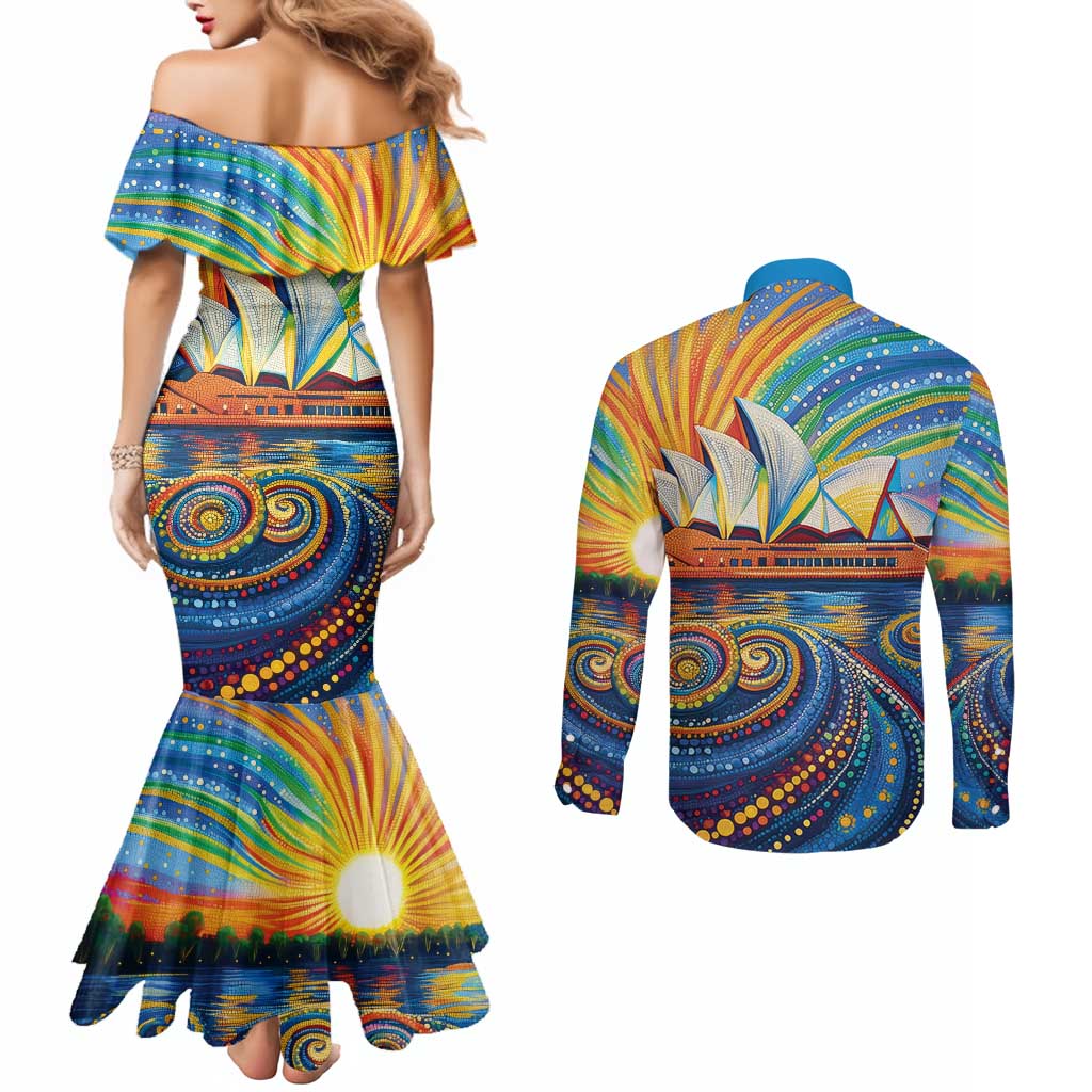 Sydney Opera House Couples Matching Mermaid Dress and Long Sleeve Button Shirt Aboriginal Dot Painting