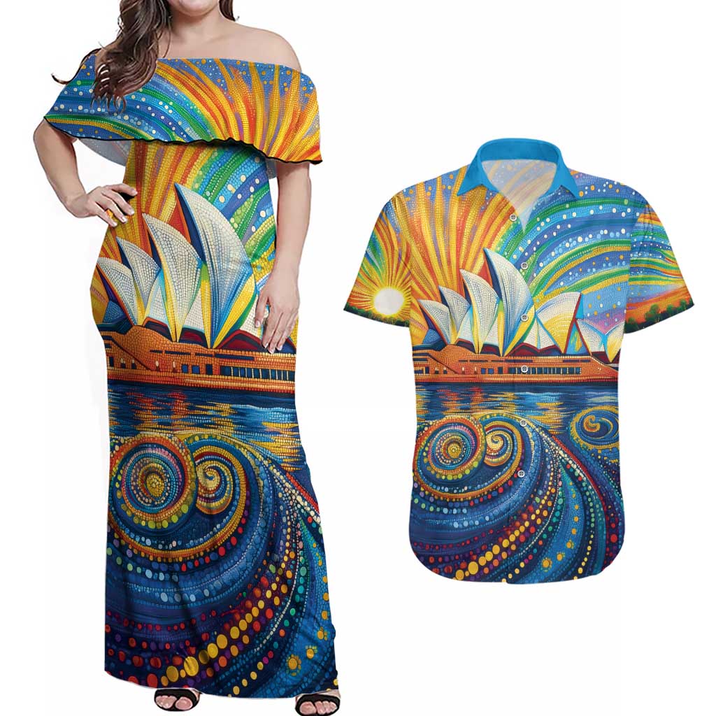 Sydney Opera House Couples Matching Off Shoulder Maxi Dress and Hawaiian Shirt Aboriginal Dot Painting