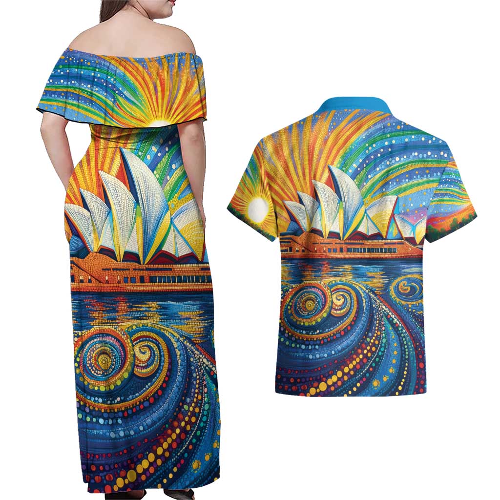 Sydney Opera House Couples Matching Off Shoulder Maxi Dress and Hawaiian Shirt Aboriginal Dot Painting
