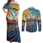 Sydney Opera House Couples Matching Off Shoulder Maxi Dress and Long Sleeve Button Shirt Aboriginal Dot Painting