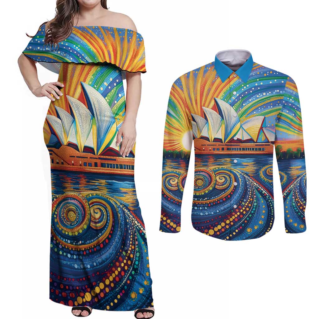 Sydney Opera House Couples Matching Off Shoulder Maxi Dress and Long Sleeve Button Shirt Aboriginal Dot Painting