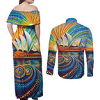 Sydney Opera House Couples Matching Off Shoulder Maxi Dress and Long Sleeve Button Shirt Aboriginal Dot Painting
