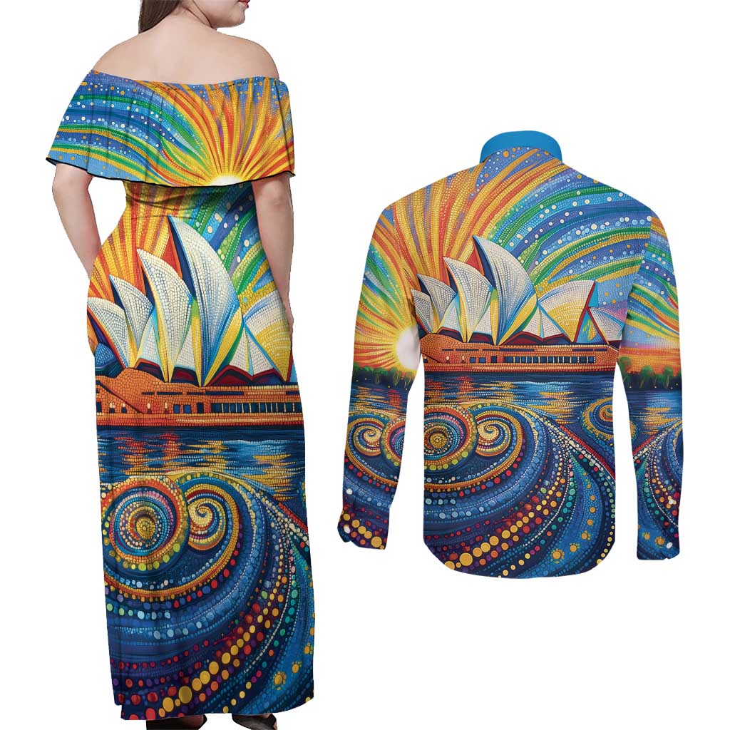 Sydney Opera House Couples Matching Off Shoulder Maxi Dress and Long Sleeve Button Shirt Aboriginal Dot Painting