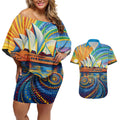 Sydney Opera House Couples Matching Off Shoulder Short Dress and Hawaiian Shirt Aboriginal Dot Painting
