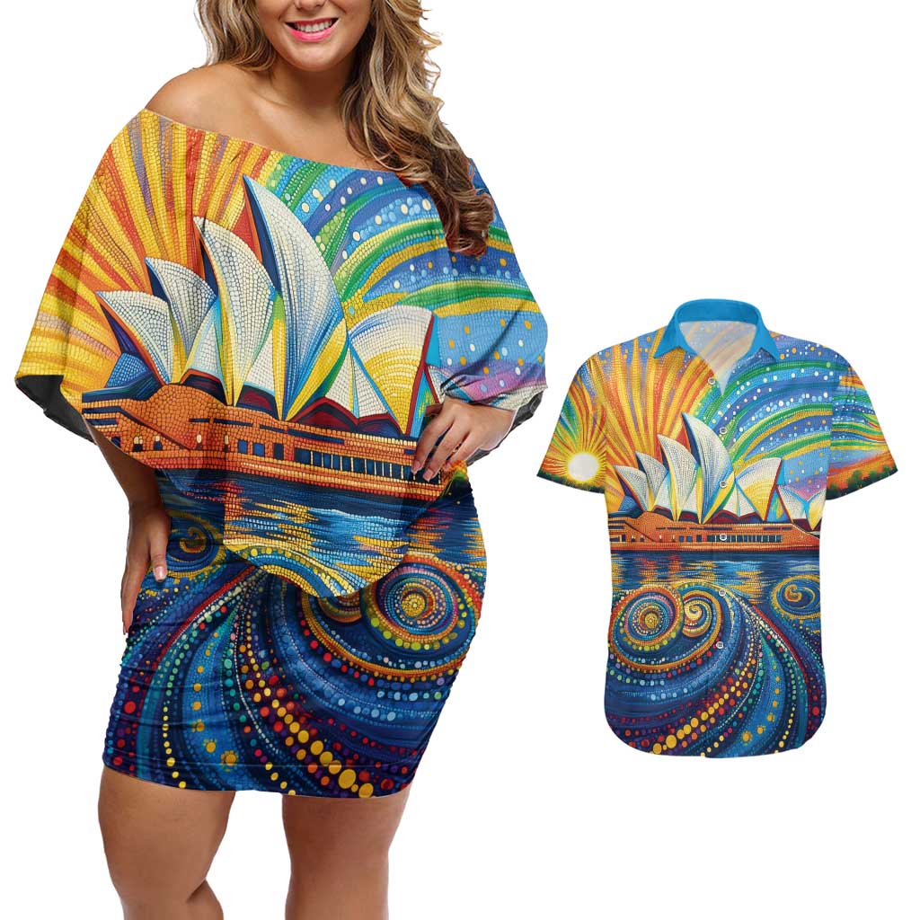 Sydney Opera House Couples Matching Off Shoulder Short Dress and Hawaiian Shirt Aboriginal Dot Painting