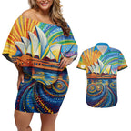 Sydney Opera House Couples Matching Off Shoulder Short Dress and Hawaiian Shirt Aboriginal Dot Painting