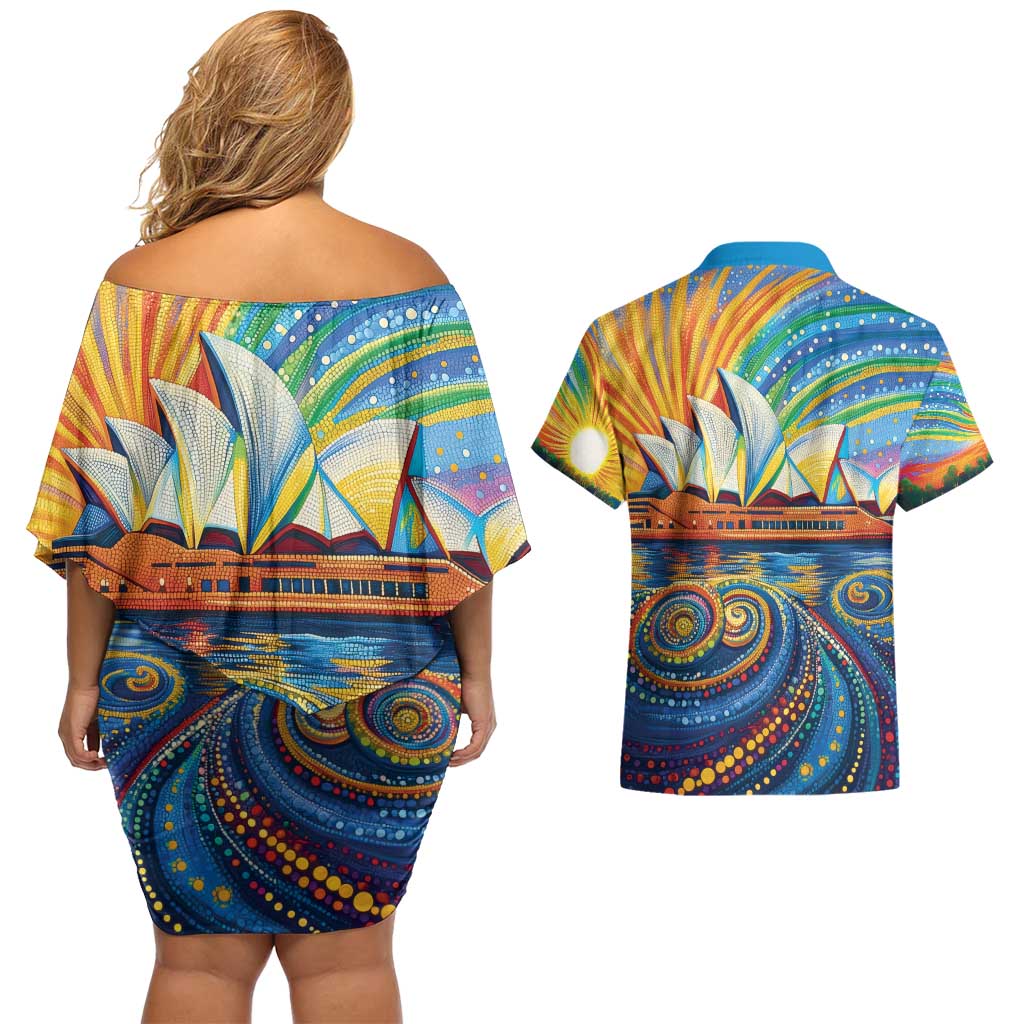 Sydney Opera House Couples Matching Off Shoulder Short Dress and Hawaiian Shirt Aboriginal Dot Painting