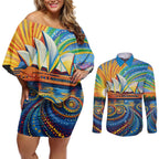 Sydney Opera House Couples Matching Off Shoulder Short Dress and Long Sleeve Button Shirt Aboriginal Dot Painting