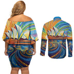 Sydney Opera House Couples Matching Off Shoulder Short Dress and Long Sleeve Button Shirt Aboriginal Dot Painting