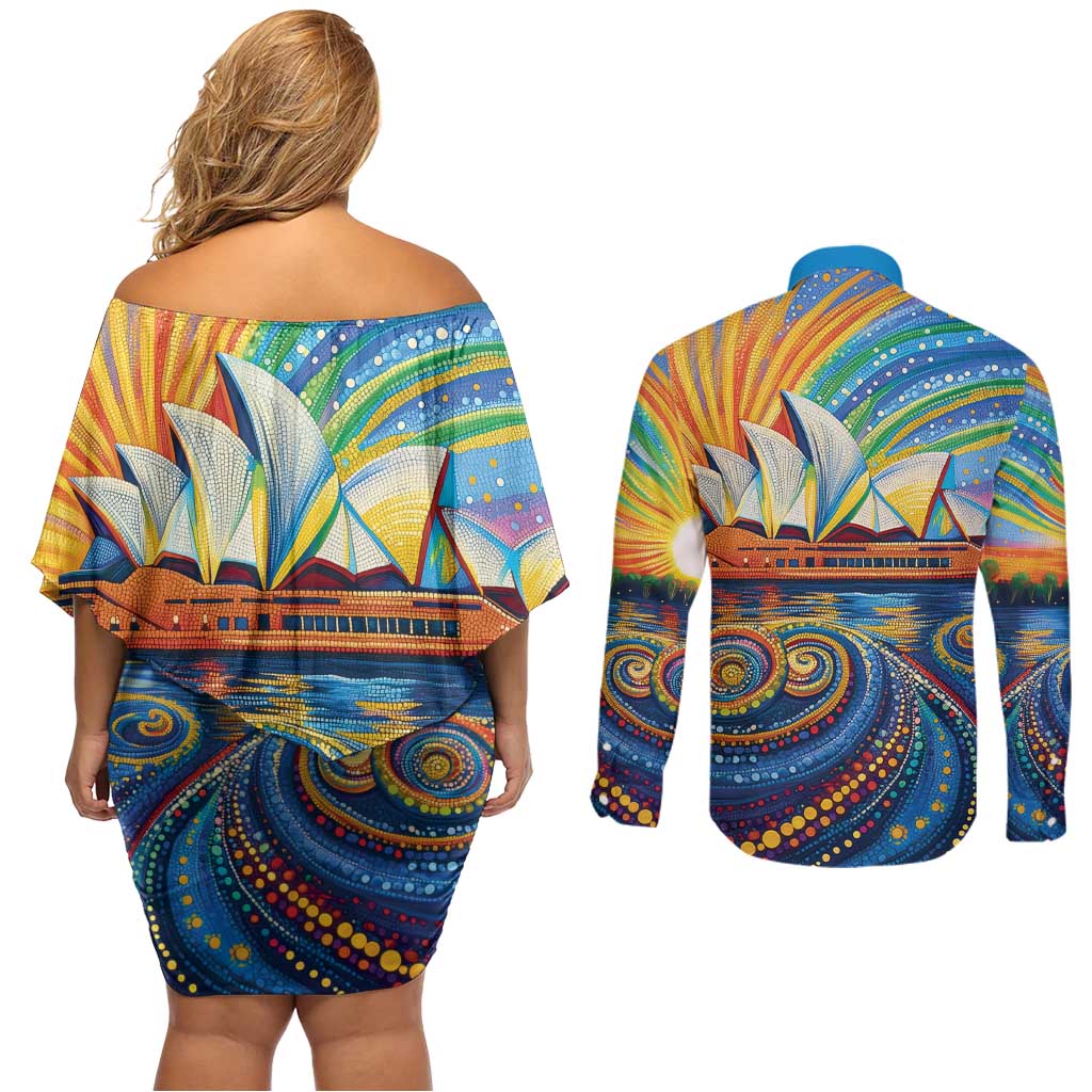 Sydney Opera House Couples Matching Off Shoulder Short Dress and Long Sleeve Button Shirt Aboriginal Dot Painting