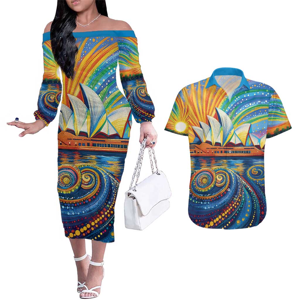 Sydney Opera House Couples Matching Off The Shoulder Long Sleeve Dress and Hawaiian Shirt Aboriginal Dot Painting