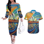 Sydney Opera House Couples Matching Off The Shoulder Long Sleeve Dress and Hawaiian Shirt Aboriginal Dot Painting