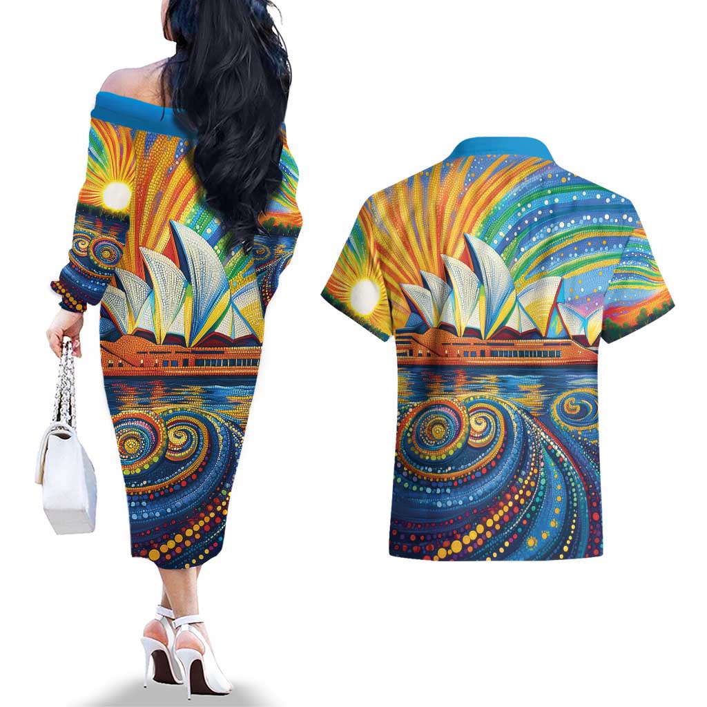 Sydney Opera House Couples Matching Off The Shoulder Long Sleeve Dress and Hawaiian Shirt Aboriginal Dot Painting