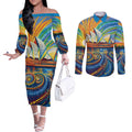 Sydney Opera House Couples Matching Off The Shoulder Long Sleeve Dress and Long Sleeve Button Shirt Aboriginal Dot Painting