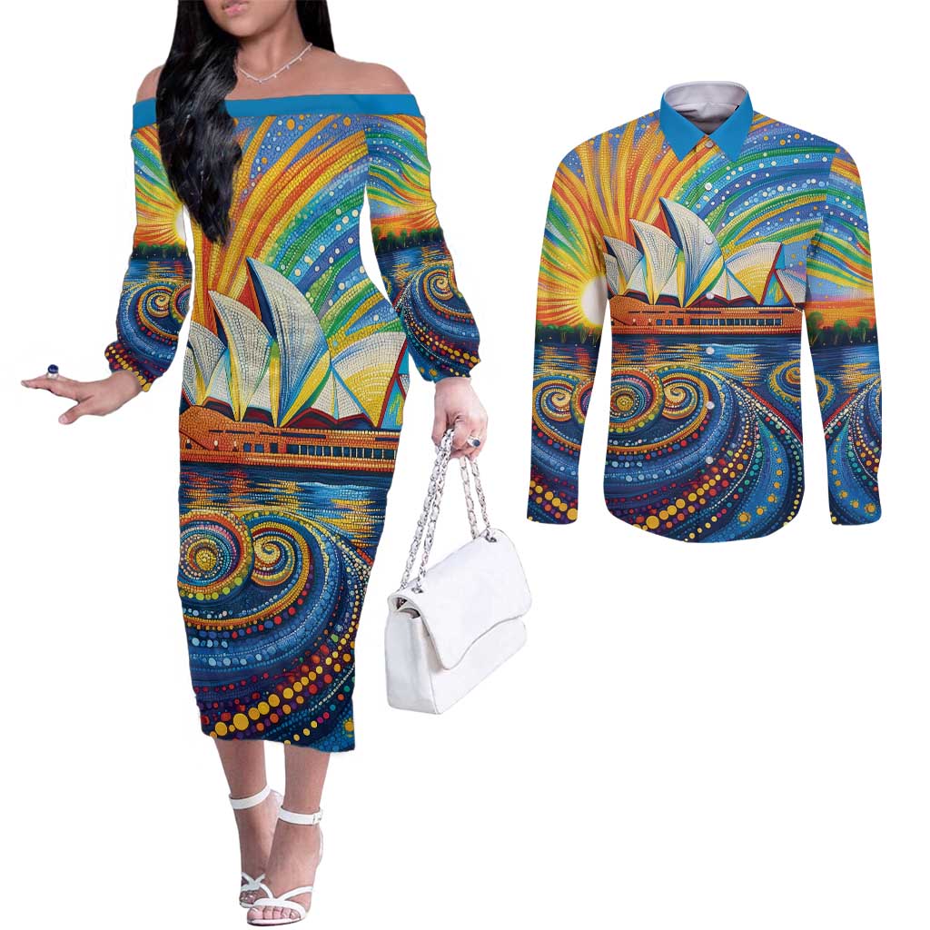 Sydney Opera House Couples Matching Off The Shoulder Long Sleeve Dress and Long Sleeve Button Shirt Aboriginal Dot Painting