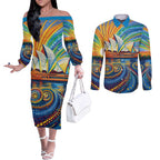 Sydney Opera House Couples Matching Off The Shoulder Long Sleeve Dress and Long Sleeve Button Shirt Aboriginal Dot Painting