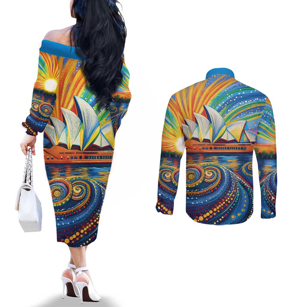 Sydney Opera House Couples Matching Off The Shoulder Long Sleeve Dress and Long Sleeve Button Shirt Aboriginal Dot Painting