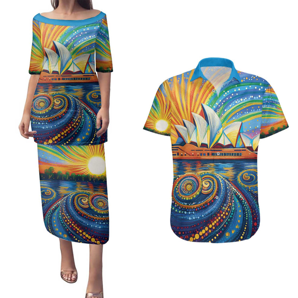 Sydney Opera House Couples Matching Puletasi and Hawaiian Shirt Aboriginal Dot Painting