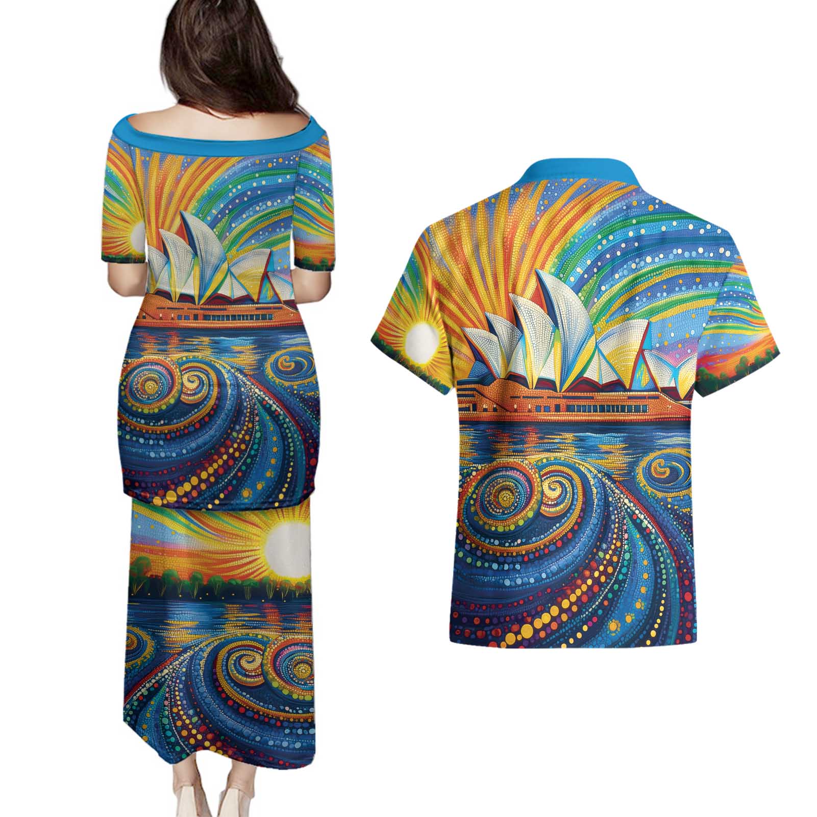 Sydney Opera House Couples Matching Puletasi and Hawaiian Shirt Aboriginal Dot Painting