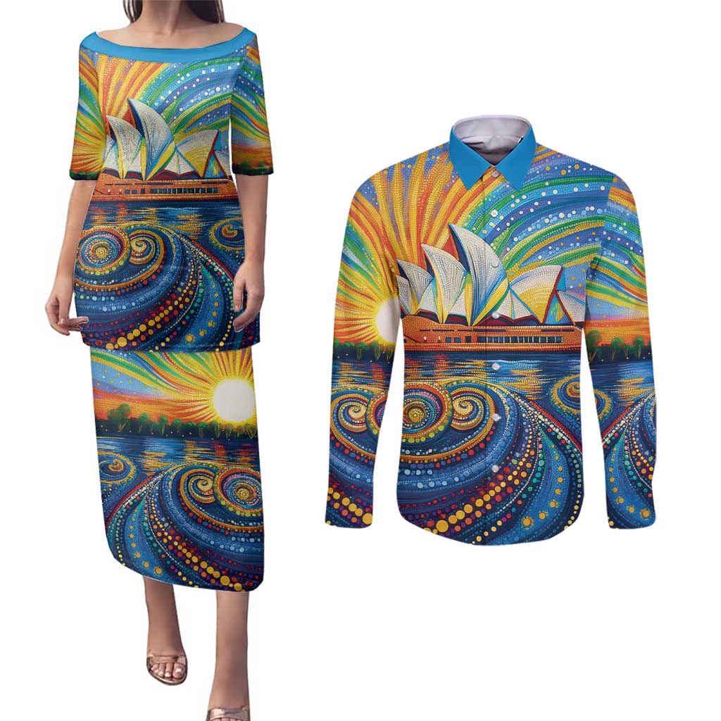Sydney Opera House Couples Matching Puletasi and Long Sleeve Button Shirt Aboriginal Dot Painting