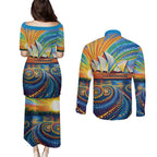 Sydney Opera House Couples Matching Puletasi and Long Sleeve Button Shirt Aboriginal Dot Painting