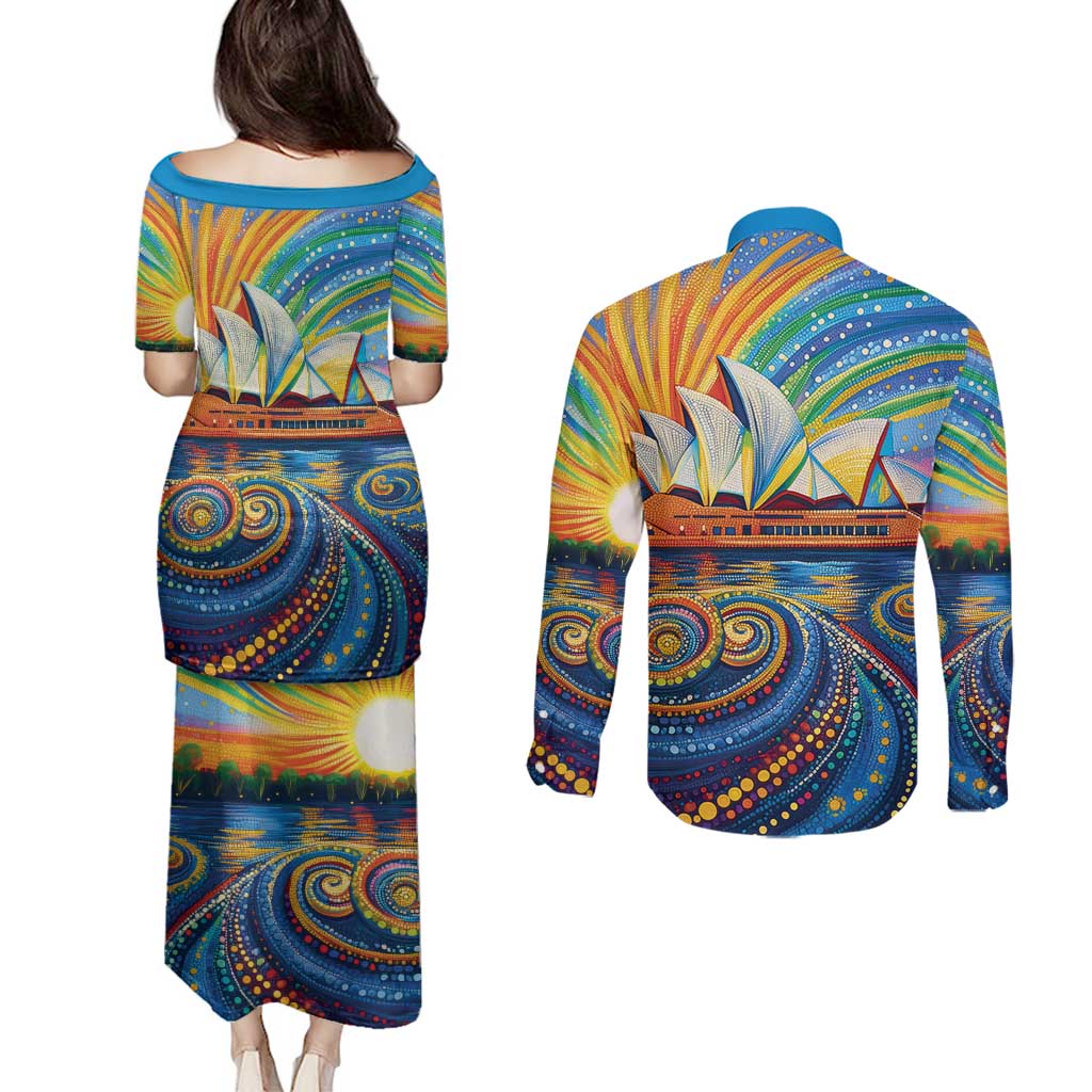 Sydney Opera House Couples Matching Puletasi and Long Sleeve Button Shirt Aboriginal Dot Painting