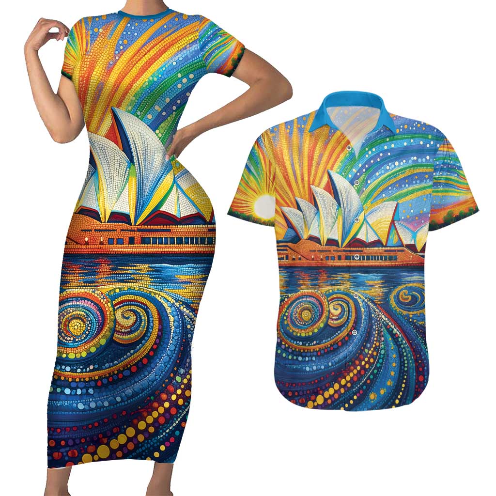 Sydney Opera House Couples Matching Short Sleeve Bodycon Dress and Hawaiian Shirt Aboriginal Dot Painting