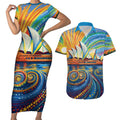 Sydney Opera House Couples Matching Short Sleeve Bodycon Dress and Hawaiian Shirt Aboriginal Dot Painting