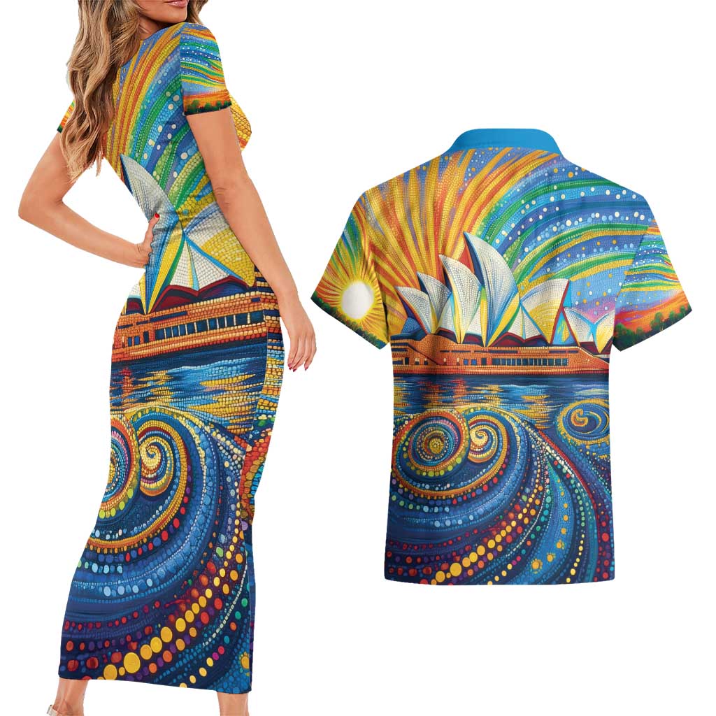 Sydney Opera House Couples Matching Short Sleeve Bodycon Dress and Hawaiian Shirt Aboriginal Dot Painting
