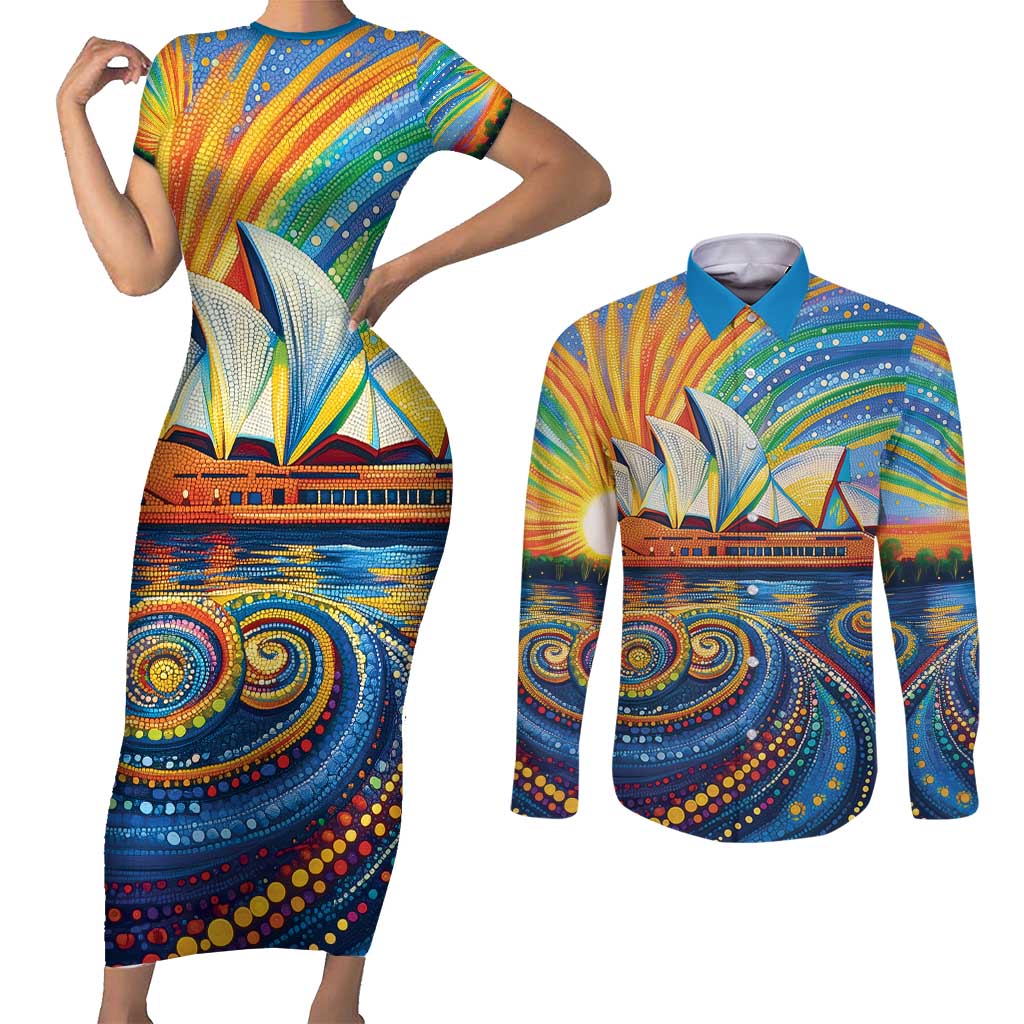 Sydney Opera House Couples Matching Short Sleeve Bodycon Dress and Long Sleeve Button Shirt Aboriginal Dot Painting