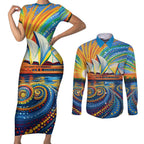 Sydney Opera House Couples Matching Short Sleeve Bodycon Dress and Long Sleeve Button Shirt Aboriginal Dot Painting