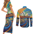 Sydney Opera House Couples Matching Short Sleeve Bodycon Dress and Long Sleeve Button Shirt Aboriginal Dot Painting