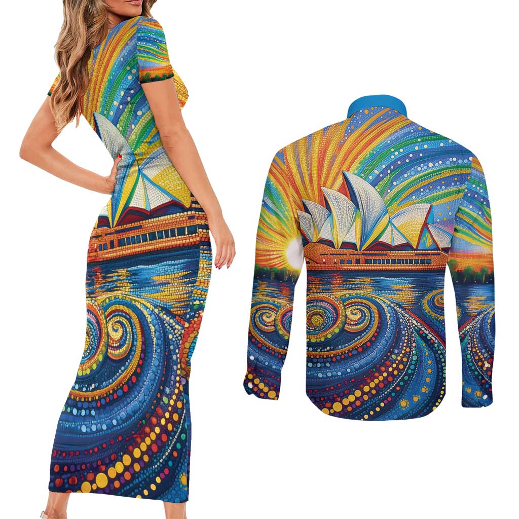 Sydney Opera House Couples Matching Short Sleeve Bodycon Dress and Long Sleeve Button Shirt Aboriginal Dot Painting