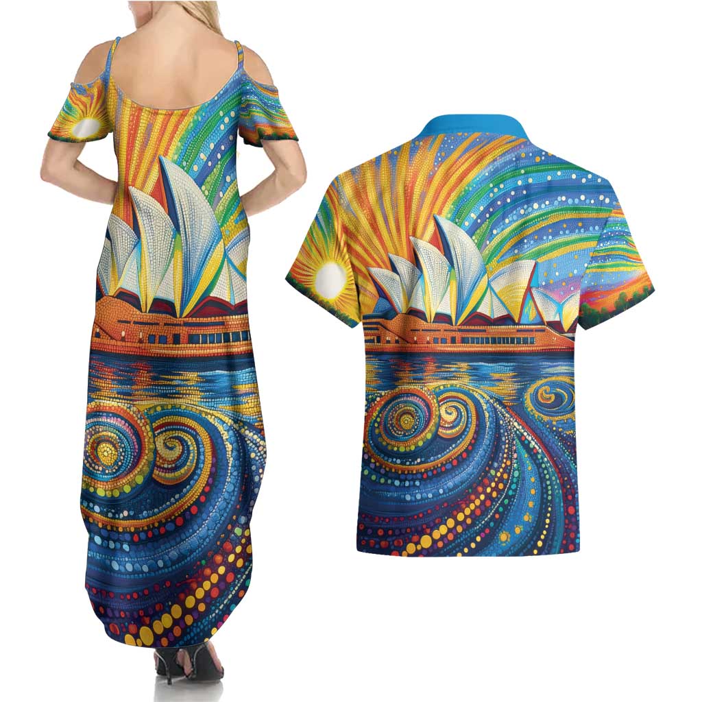 Sydney Opera House Couples Matching Summer Maxi Dress and Hawaiian Shirt Aboriginal Dot Painting