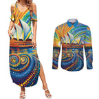 Sydney Opera House Couples Matching Summer Maxi Dress and Long Sleeve Button Shirt Aboriginal Dot Painting