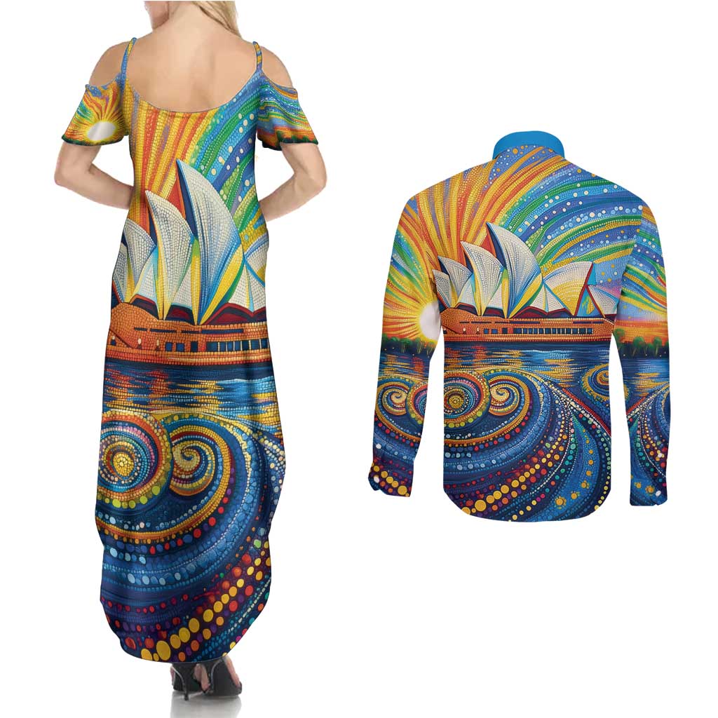 Sydney Opera House Couples Matching Summer Maxi Dress and Long Sleeve Button Shirt Aboriginal Dot Painting