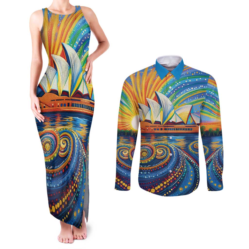 Sydney Opera House Couples Matching Tank Maxi Dress and Long Sleeve Button Shirt Aboriginal Dot Painting