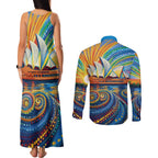 Sydney Opera House Couples Matching Tank Maxi Dress and Long Sleeve Button Shirt Aboriginal Dot Painting