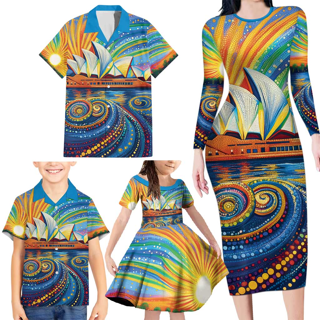 Sydney Opera House Family Matching Long Sleeve Bodycon Dress and Hawaiian Shirt Aboriginal Dot Painting