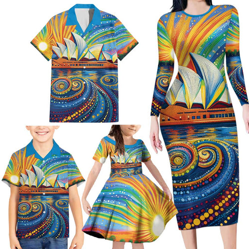 Sydney Opera House Family Matching Long Sleeve Bodycon Dress and Hawaiian Shirt Aboriginal Dot Painting