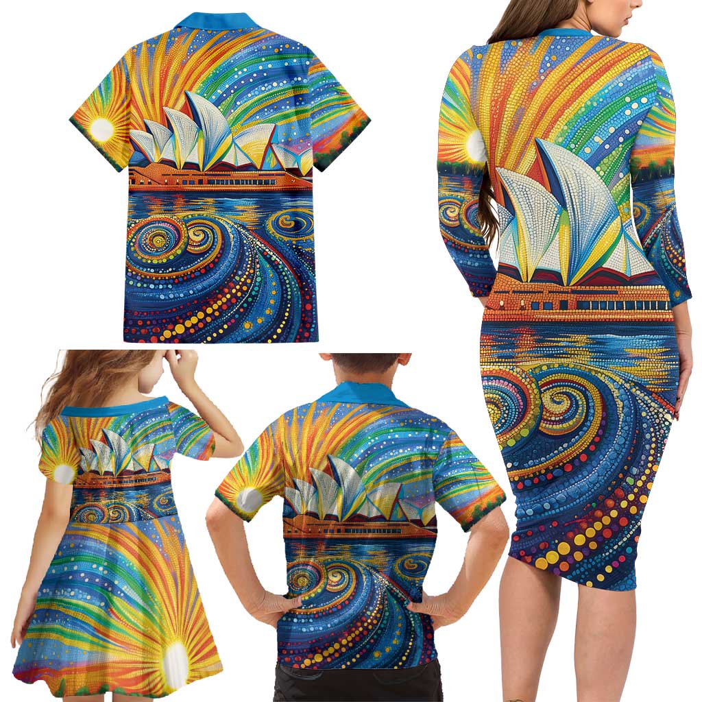 Sydney Opera House Family Matching Long Sleeve Bodycon Dress and Hawaiian Shirt Aboriginal Dot Painting