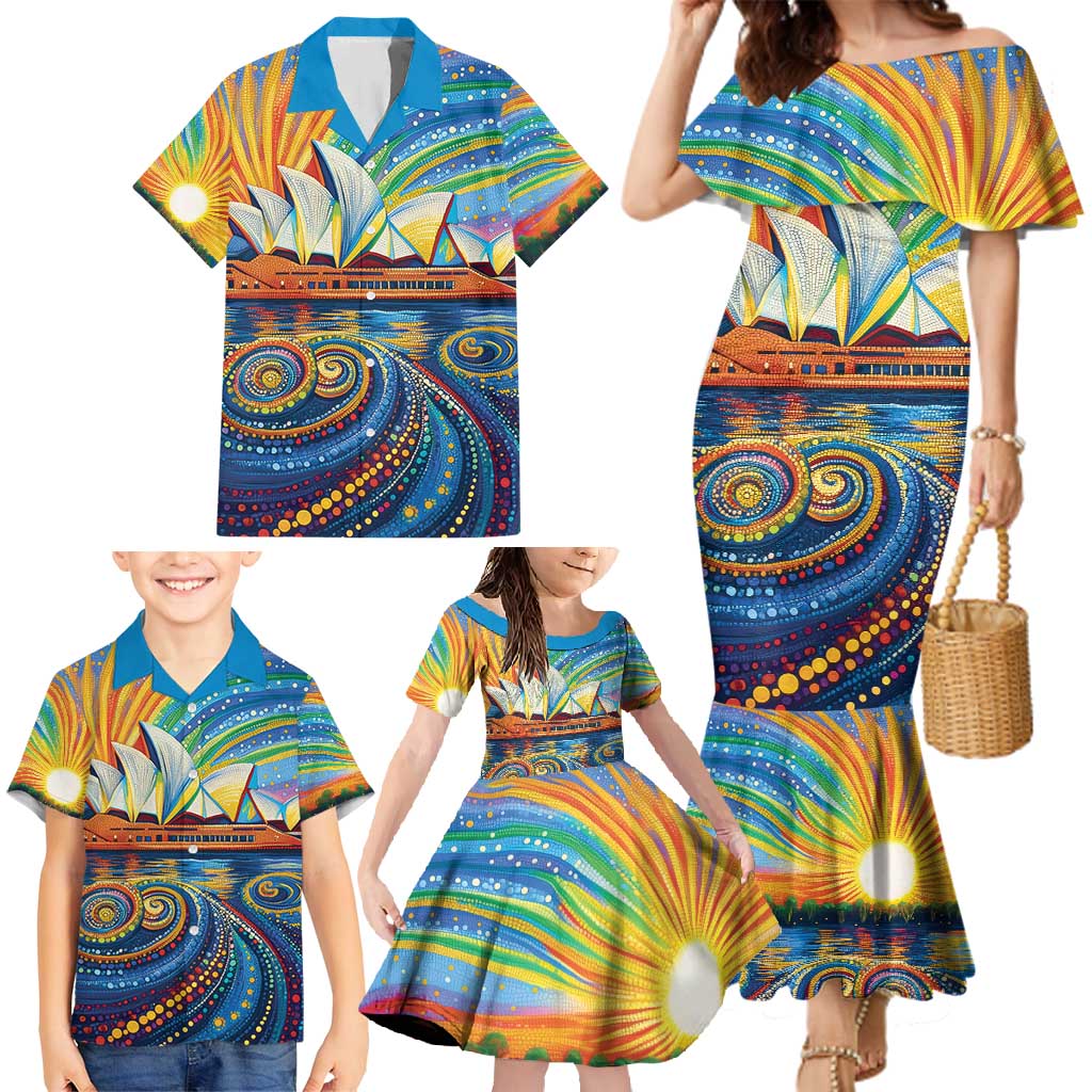Sydney Opera House Family Matching Mermaid Dress and Hawaiian Shirt Aboriginal Dot Painting