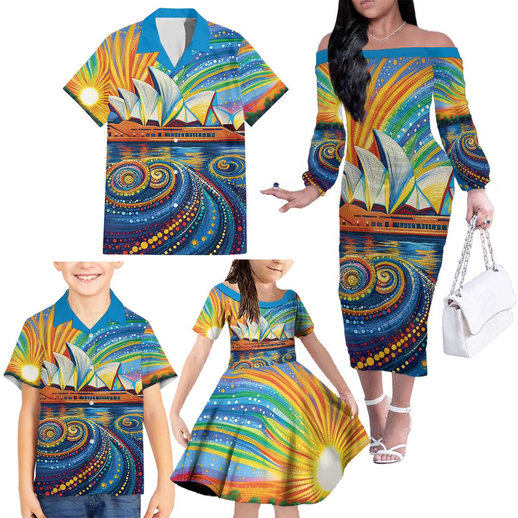 Sydney Opera House Family Matching Off The Shoulder Long Sleeve Dress and Hawaiian Shirt Aboriginal Dot Painting