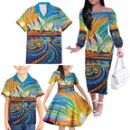 Sydney Opera House Family Matching Off The Shoulder Long Sleeve Dress and Hawaiian Shirt Aboriginal Dot Painting