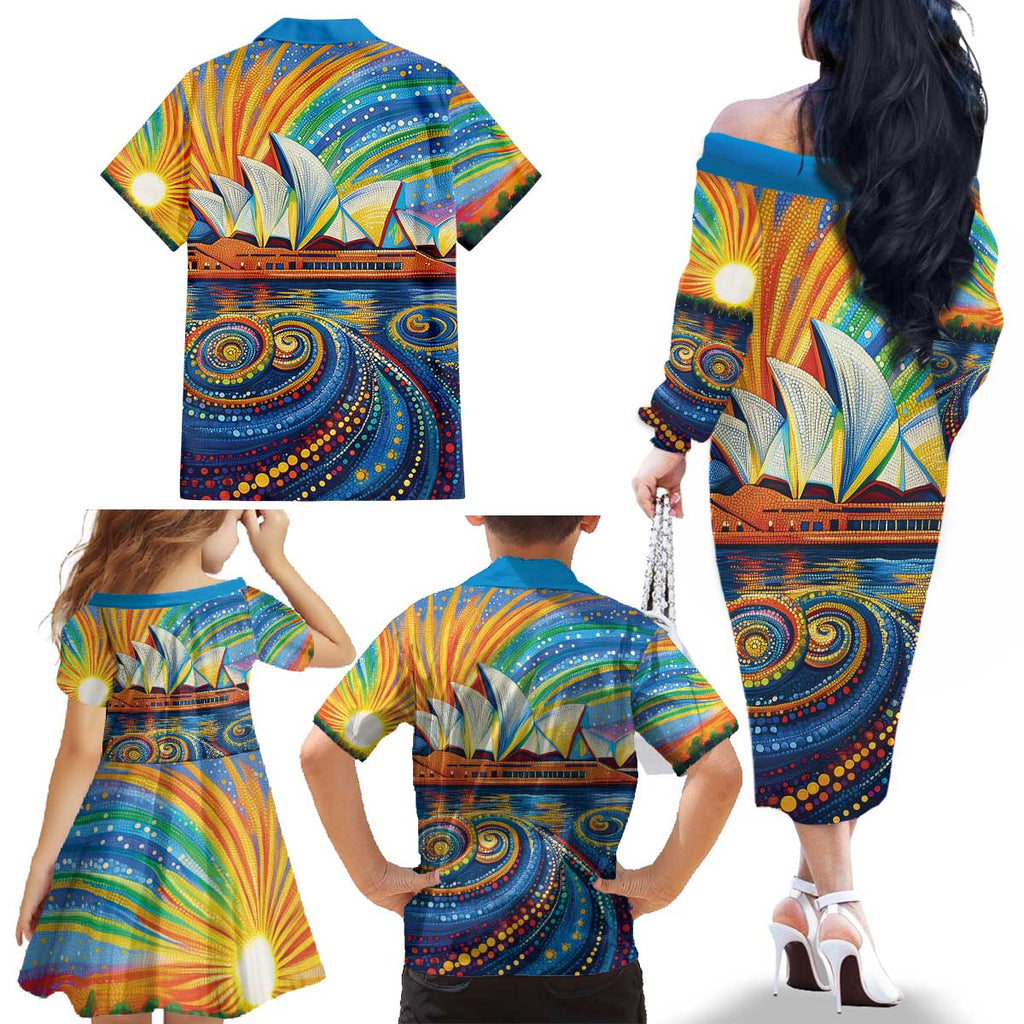Sydney Opera House Family Matching Off The Shoulder Long Sleeve Dress and Hawaiian Shirt Aboriginal Dot Painting