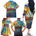 Sydney Opera House Family Matching Off The Shoulder Long Sleeve Dress and Hawaiian Shirt Aboriginal Dot Painting