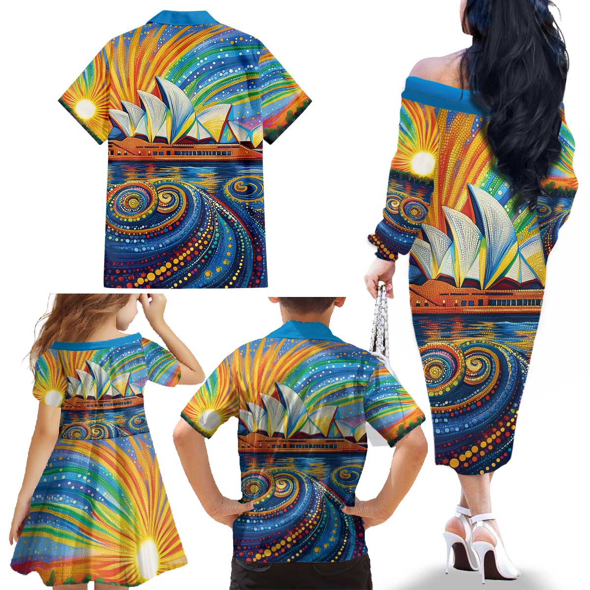 Sydney Opera House Family Matching Off The Shoulder Long Sleeve Dress and Hawaiian Shirt Aboriginal Dot Painting