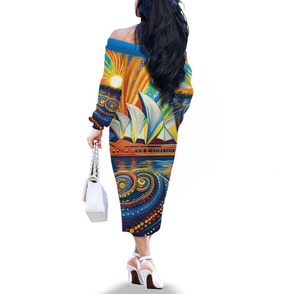 Sydney Opera House Family Matching Off The Shoulder Long Sleeve Dress and Hawaiian Shirt Aboriginal Dot Painting