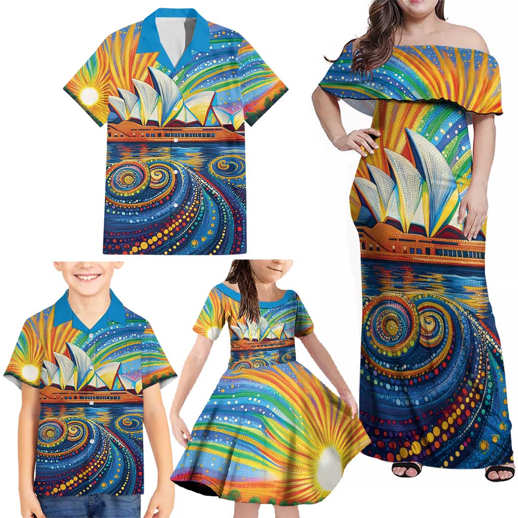Sydney Opera House Family Matching Off Shoulder Maxi Dress and Hawaiian Shirt Aboriginal Dot Painting