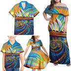 Sydney Opera House Family Matching Off Shoulder Maxi Dress and Hawaiian Shirt Aboriginal Dot Painting